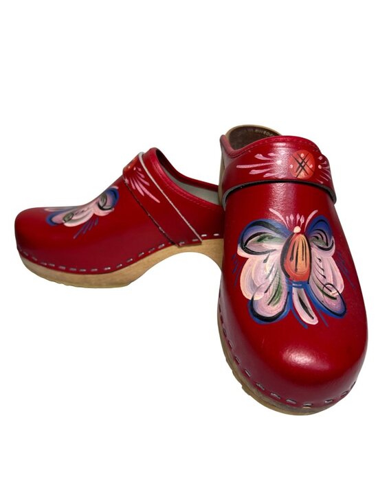 Dala Clogs Shoes - Hand-Painted Swedish Clogs Red Leather With Floral Design Size 7 By Dala Clogs